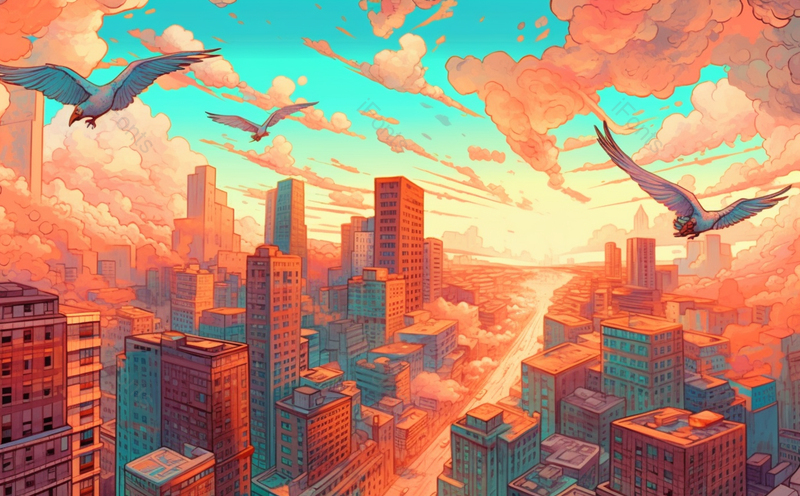 高楼林立飞鸽晚霞鸟群飞翔春天夏天国潮城市插画,插画/手绘图,插画/手绘图库,插画/手绘图下载,插画/手绘